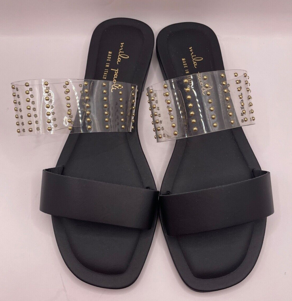 Mila Paoli Black Synthetic/Translucent Studded Slide Sandal Made in Italy Size 7